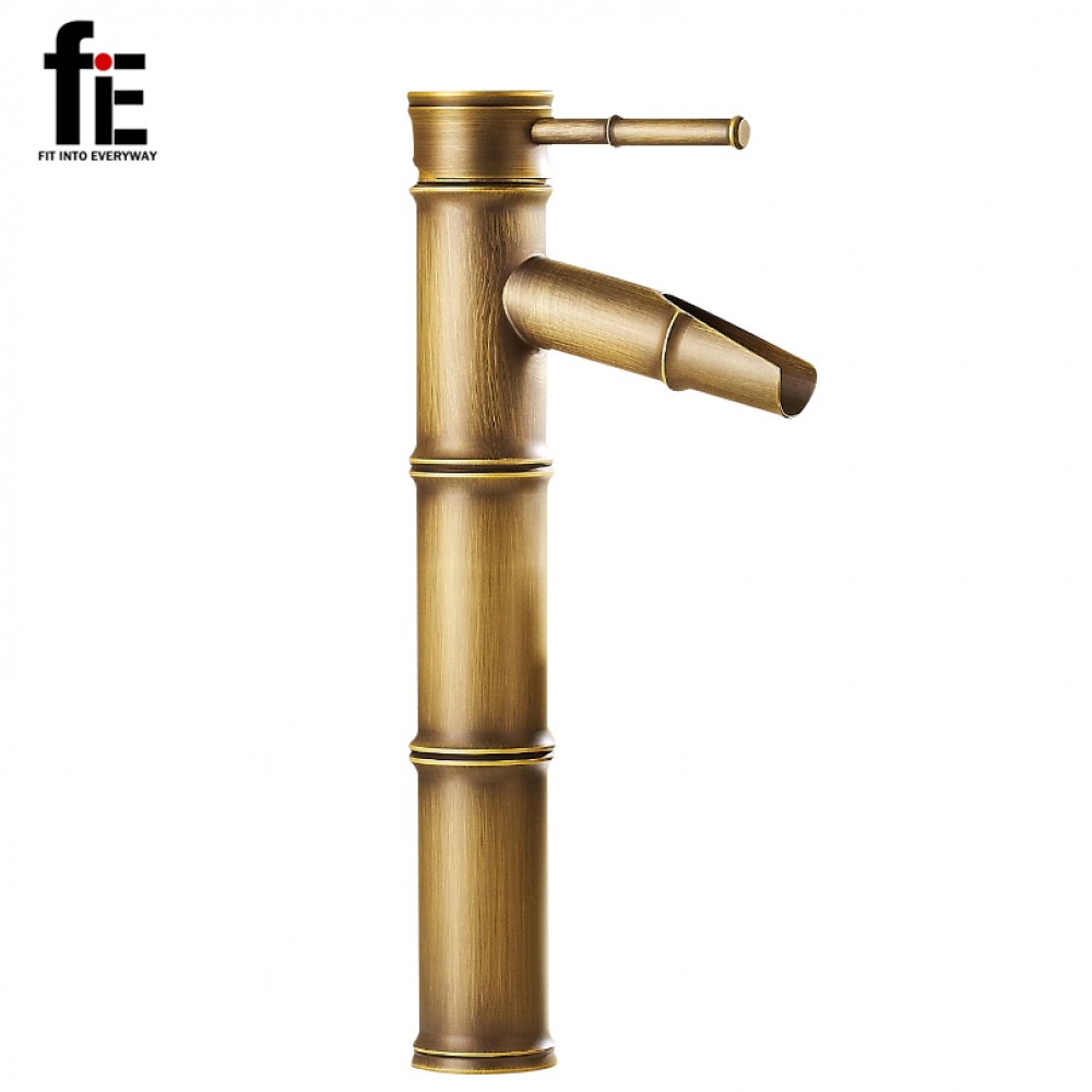 fiE Antique Brass Waterfall Bathroom Sink Faucet Vessel Tall Bamboo Water Tap Mixer fiE Antique Brass Waterfall Bathroom Sink Faucet Vessel Tall Bamboo Water Tap Mixer